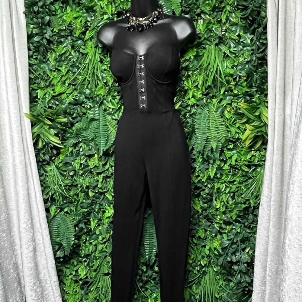 Guess Los Angeles Pants Jumpsuit Small Black Corset Hook & Eye Strapless 3885
